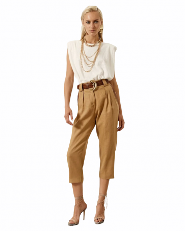 Linen cropped Access pants with belt Camel 