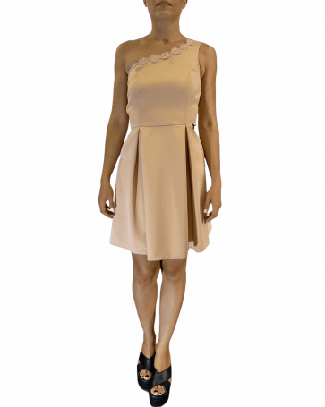 Lynne dress with one shoulder and pleats Beige