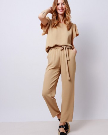 Fibes Fashion pants with elastic in the middle Beige