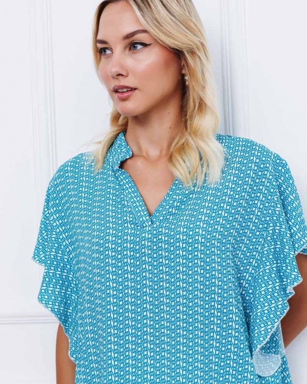 Εμπριμέ μπλούζα Fibes Fashion με βολάν Γαλάζιο