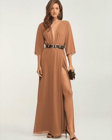 Lynne maxi dress with see through detail Camel