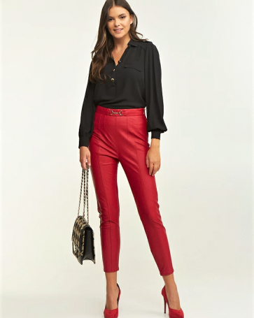 Leather look Lynne trousers with decorative clasp Red