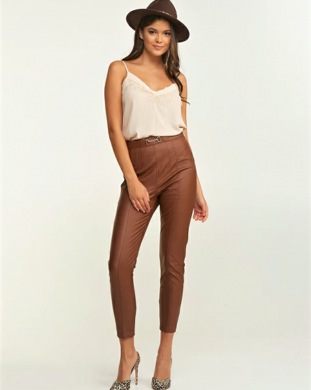Leather look Lynne trousers with decorative clasp Camel