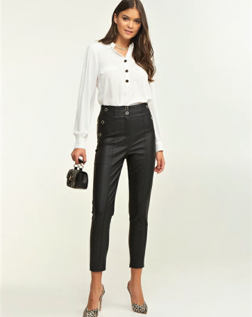 Leather look pants Lynne with buttons Black