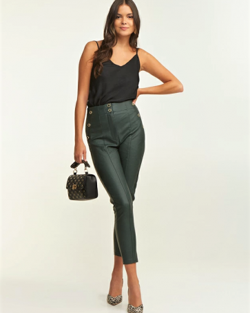 Leather look pants Lynne with buttons Green