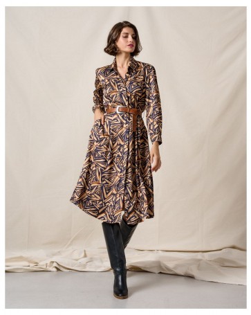 Passager printed viscose dress with eco-leather belt Beige 