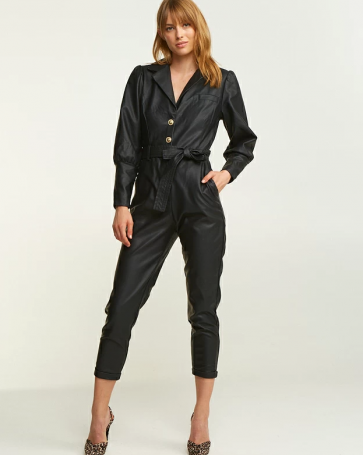 Leather look Lynne jumpsuit with buttons Black