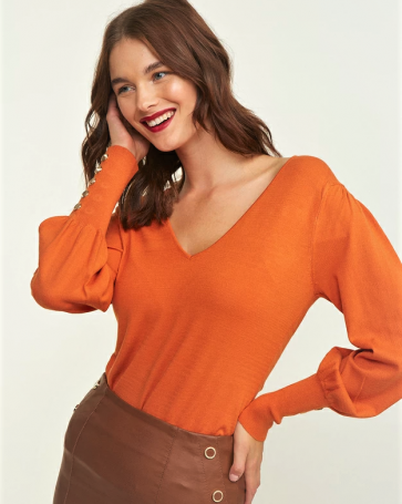 Lynne V-neck pullover with puffed sleeves Orange