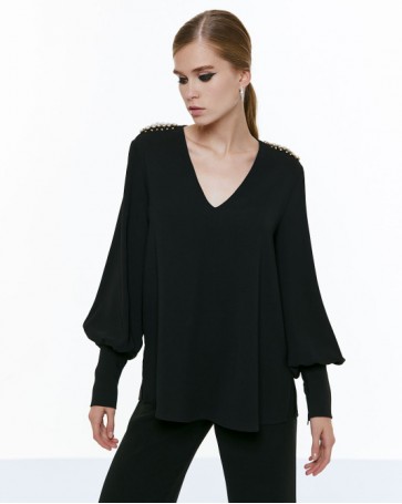 Access blouse with rhinestone epaulettes Black