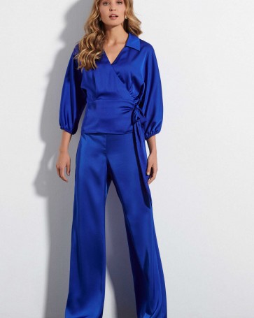 Bill Cost blouse with crotch tie and satin look Blue Royal