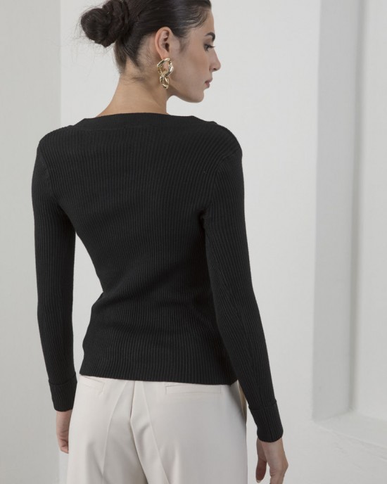 Ribbed Cento knit V-neck blouse Black