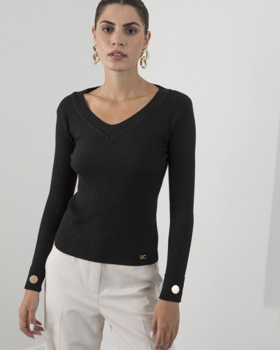 Ribbed Cento knit V-neck blouse Black