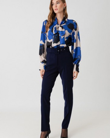 Fibes Fashion crepe pants with belt Blue