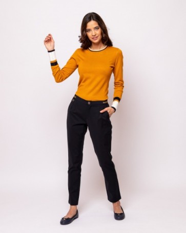 Heavy Tools knitted blouse with striped cuff Ocher 