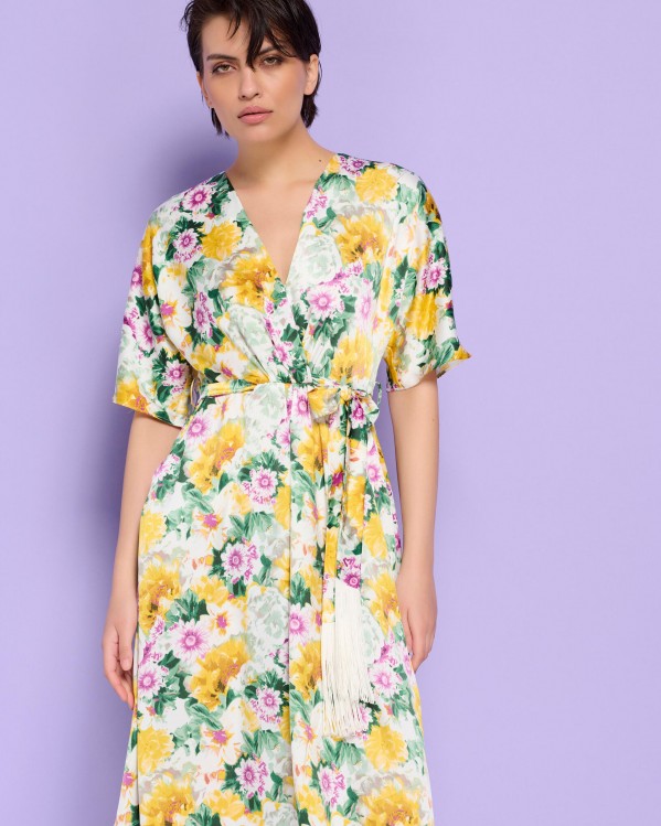 Φόρεμα σατινέ floral Bill Cost με ζώνη Κίτρινο