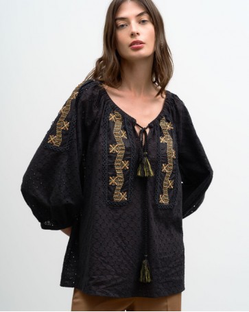 Access broderie blouse with braid Black
