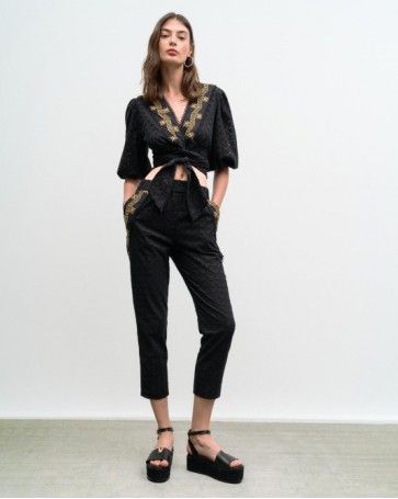 Access trousers broderie embroidered band Black