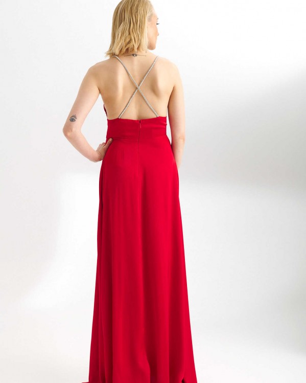Φόρεμα maxi Bellona με ανοιχτή πλάτη Κόκκινο