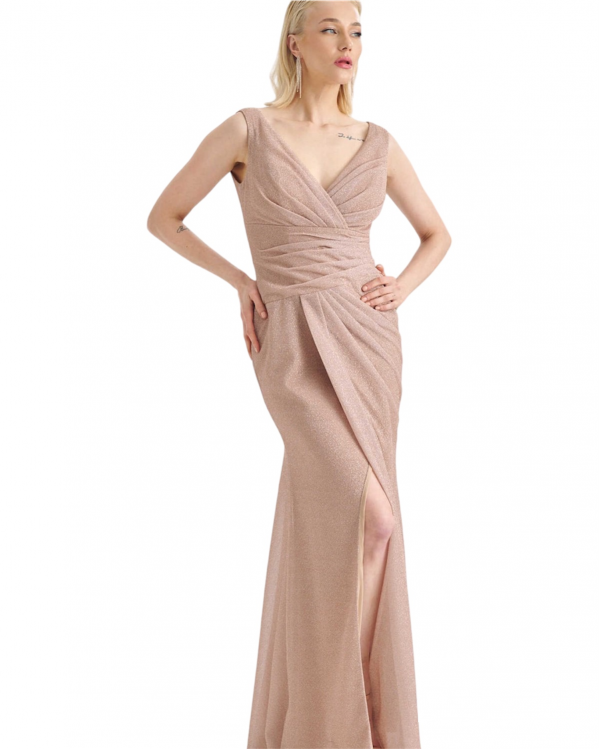 Φόρεμα maxi lurex Bellona με σούρες Nude