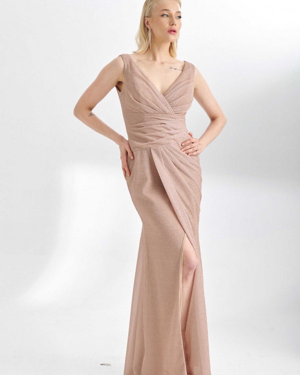 Φόρεμα maxi lurex Bellona με σούρες Nude