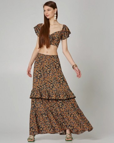 Lynne floral maxi skirt with ruffles Black