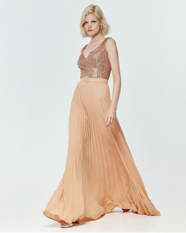 Access pleated maxi dress with sequins Bronze