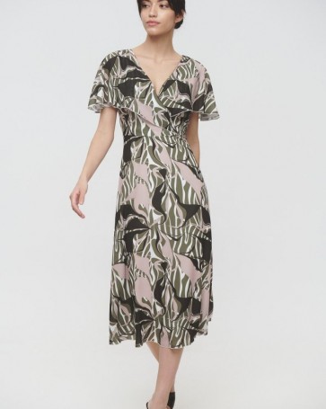Fibes Fashion print dress with satin belt Khaki 