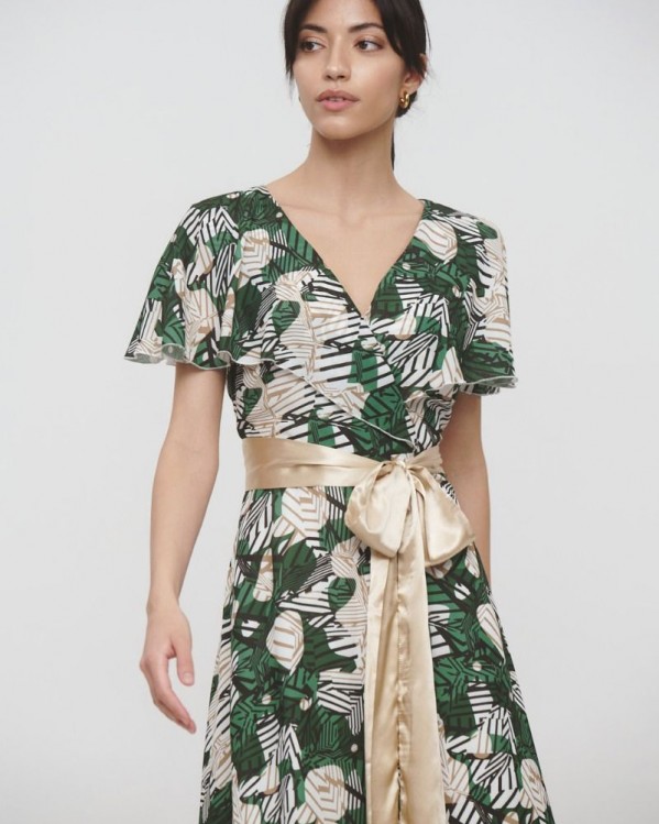 Φόρεμα εμπριμέ Fibes Fashion με βολάν Πράσινο