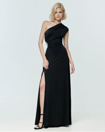 One shoulder Access dress with open waist with stones Black