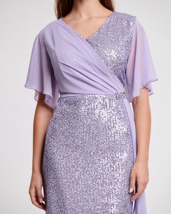 Φόρεμα Fibes Fashion με παγιέτα και μουσελίνα λεπτομέρειες Λιλά