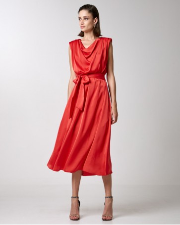 Access satin drape dress with belt Red