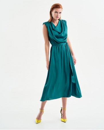 Access satin drape dress with belt Green