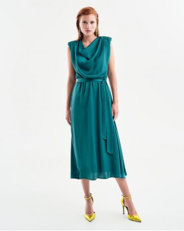 Access satin drape dress with belt Green