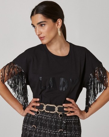 Lynne blouse with print and fringes on the sleeves Black
