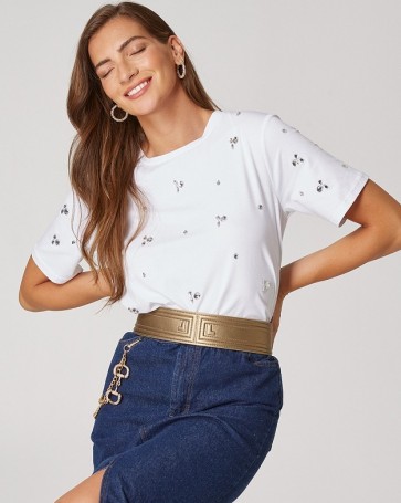 Cotton short-sleeved T-shirt Lynne with crystals White