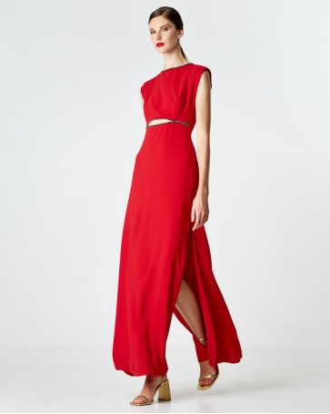 Access maxi dress with opening at the waist and rhinestones Red