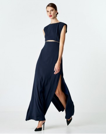 Access maxi dress with opening at the waist and rhinestones Blue