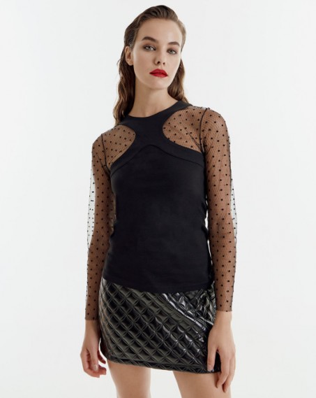 Access blouse with tulle polka dot sleeves Black