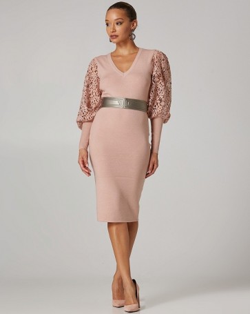 Lynne knitted dress with lace sleeves Powder