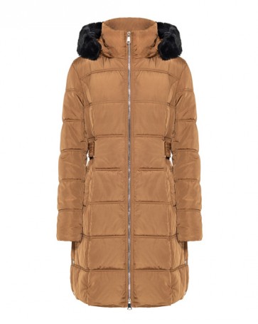 Access long jacket with synthetic fur on the hood and belt Camel