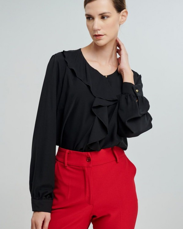 Μπλούζα Fibes Fashion με βολάν μπροστά Μαύρο