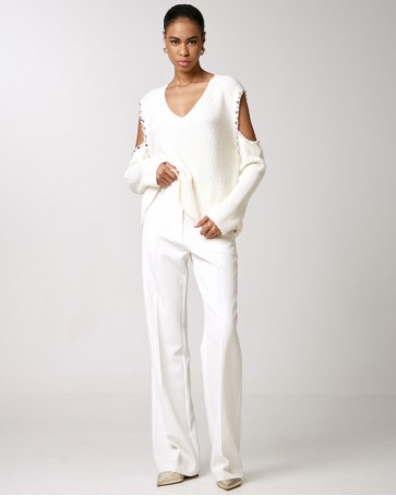 Access knitted blouse with opening on the sleeves and rhinestones Off White