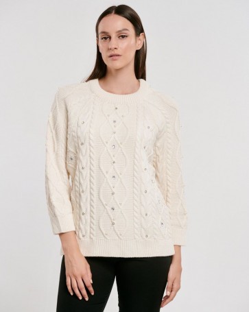 Fibes Fashion knitted blouse with rhinestones and pearls Beige