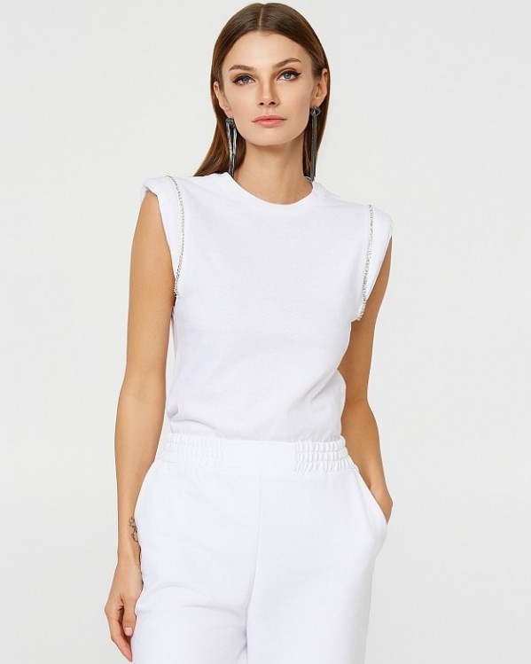 Αμάνικη βαμβακερή μπλούζα Lynne με στρας στους ώμους Λευκό