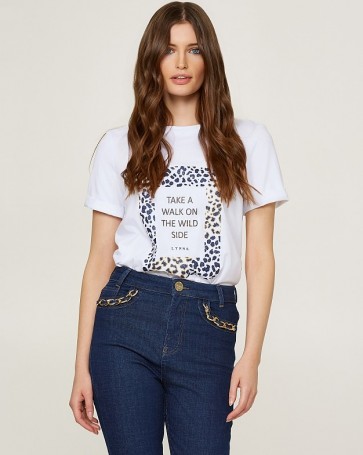 Κοντομάνικη βαμβακερή μπλούζα Lynne με animal print τύπωμα Λευκό