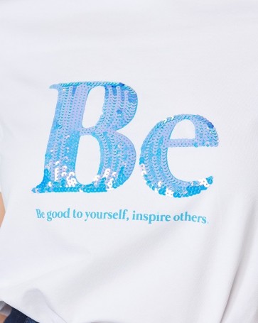 Μπλούζα Lynne με τύπωμα με παγιέτα "Be" Τυρκουάζ