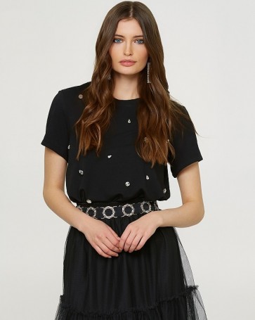 Βαμβακερή μπλούζα Lynne με πέτρες κρύσταλλα Μαύρο