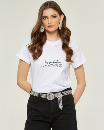 Βαμβακερή μπλούζα Lynne με στρας και φτερά Λευκό