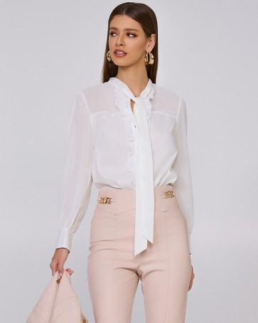 Lynne cotton shirt with ruffles and neck tie White