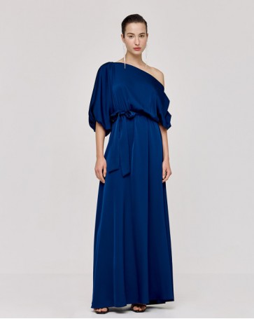 Access satin dress with asymmetric sleeves Blue